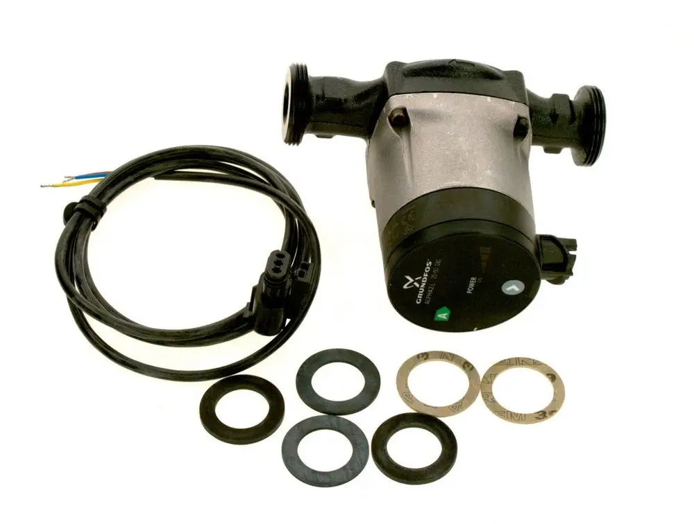 Bosch Pumpe mit einem elektrischen Anschlusskabel, einem runden Gehäuse und mehreren Dichtungsringen in unterschiedlichen Größen.